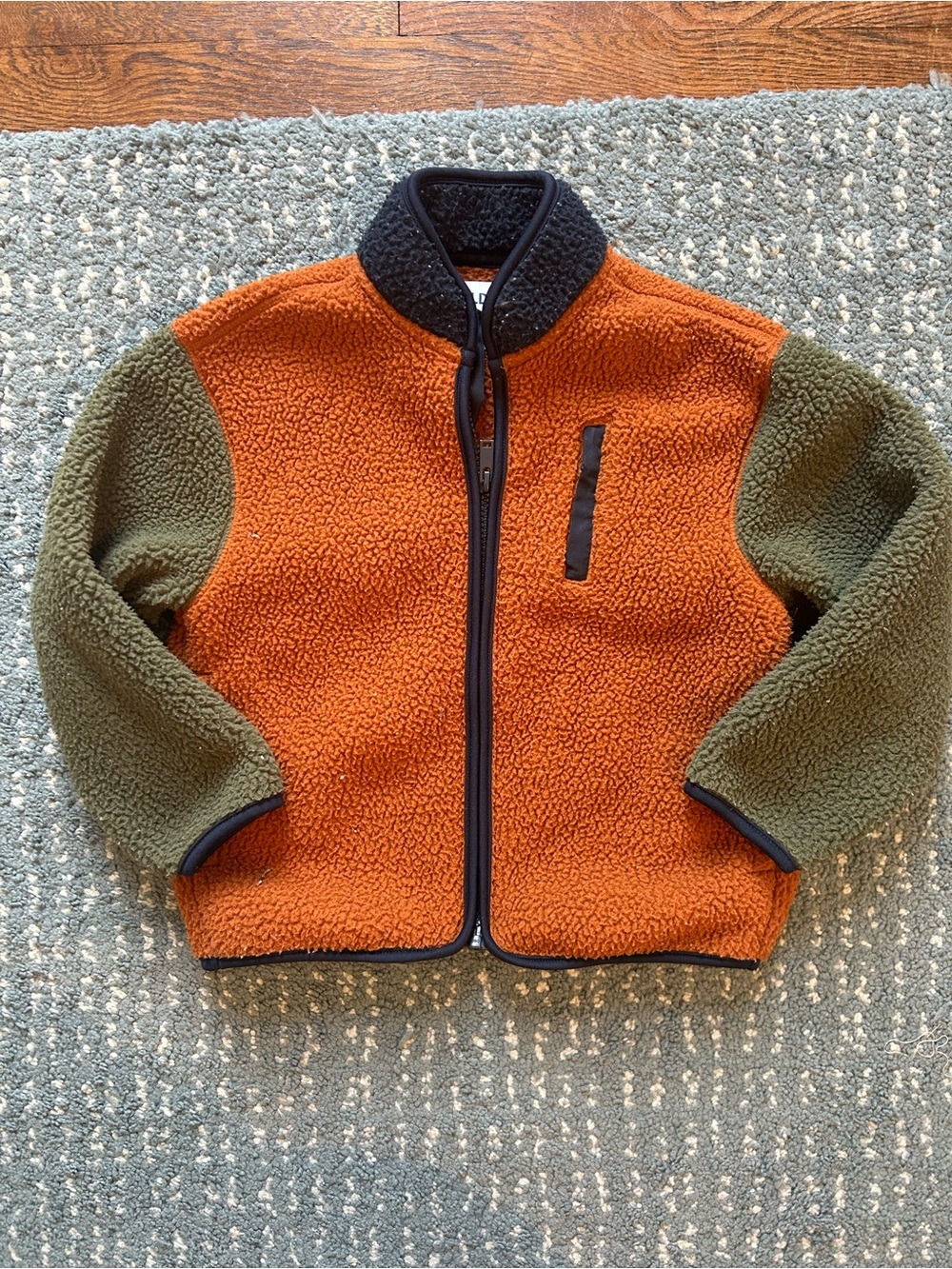 Old Navy Kids Colorblock Sherpa Jacket - Orange & Olive with Black Trim